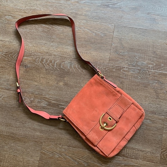 Coach Soho Coral Salmon Gold Suede Leather Crossbody Purse